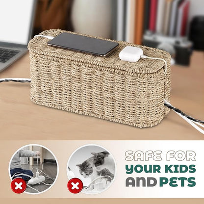 BLUEWEST Large Cable Management Box, Natural Rattan Cable Cord Organizer Boxes - Image 5