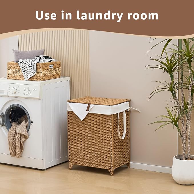 Laundry Hamper with Lid and Removable Liner Bag, Handwoven Rattan Clothes - Image 5