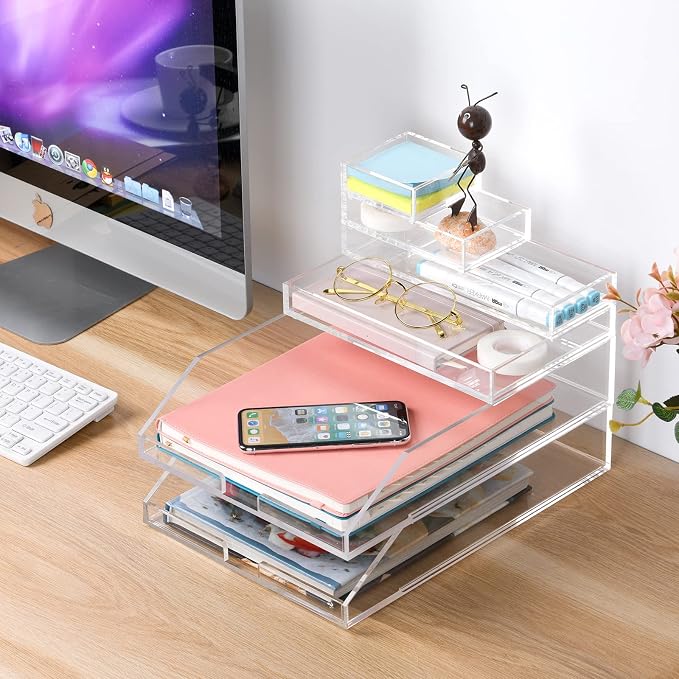 Stackable Clear Acrylic Paper Trays, Desk File Organizer, A4 Paper Holder - Image 2