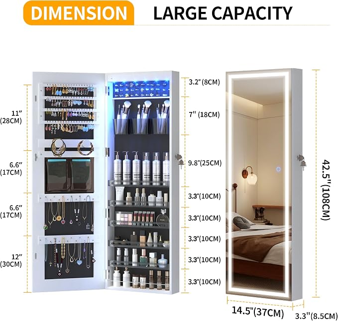 LVSOMT LED Mirror Jewelry Cabinet, Wall/Door Mount Jewelry Armoire Organizer - Image 2