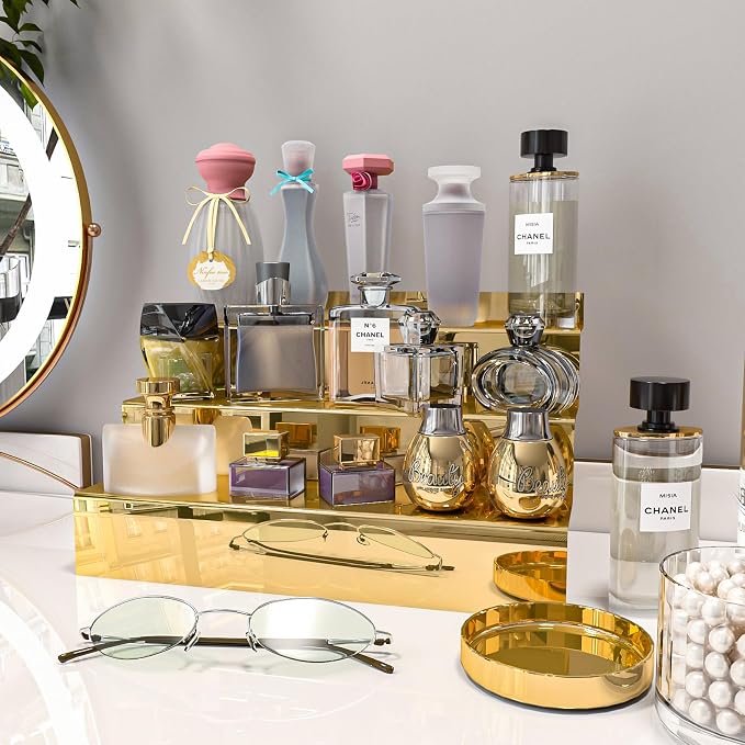 YMVV 12 IN Mirror Gold Acrylic 3 Tier Display Riser Perfume Organizer, Perfume - Image 4