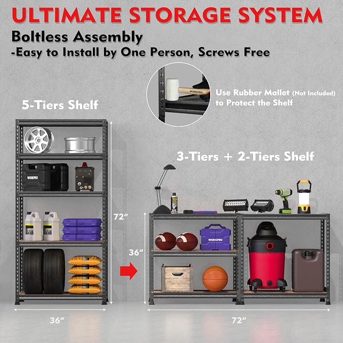 WORKPRO 5-Tier Metal Storage Shelving Unit, 36”W x 18”D x 72”H, Adjustable - Image 6