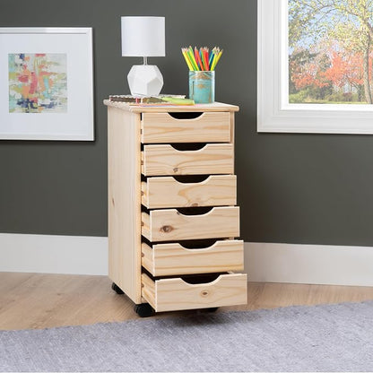 Linon Corinne Unfinished Six Drawer Wooden Rolling Storage Cart - Image 4