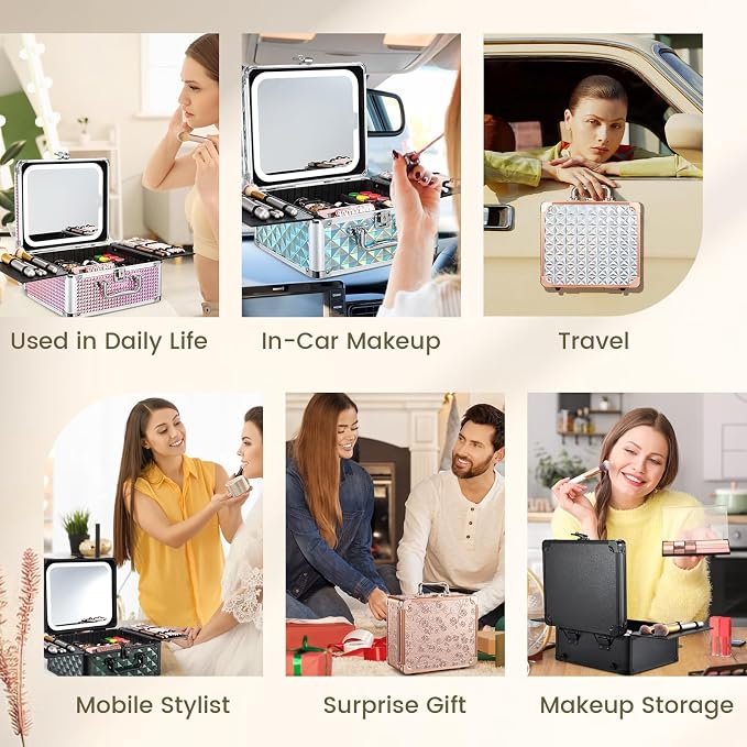 Makeup Train Case with Magnetic LED Mirror Makeup Organizer Box Travel Cosmetic - Image 8