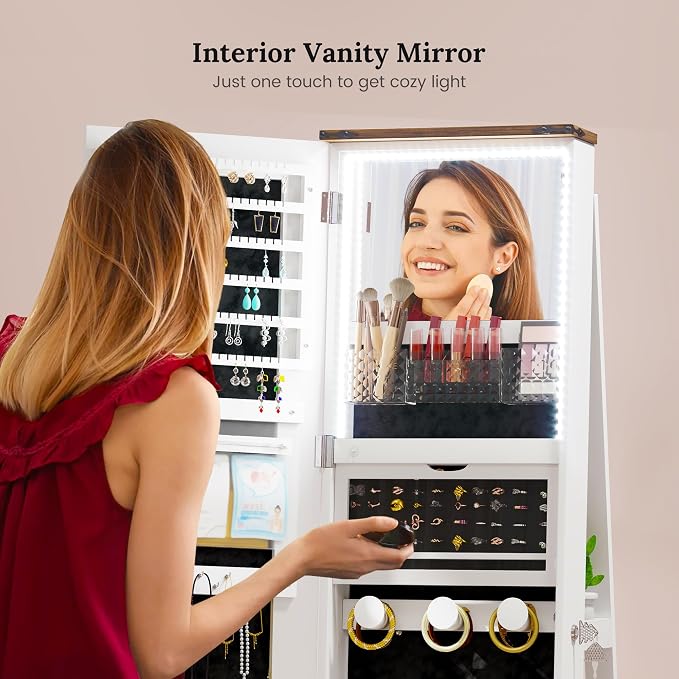 LVSOMT LED Mirror Jewelry Cabinet Standing, 360°Swivel Jewelry Armoire - Image 3