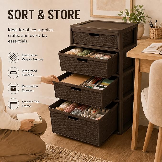 Wide 4-Drawer Plastic Storage Tower, Decorative Organizer Chest, BPA-free - Image 7