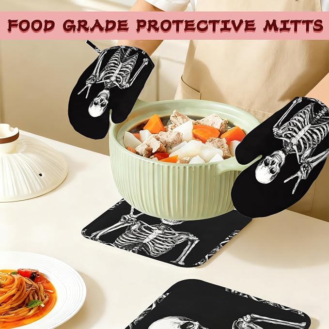 Funny Skull Heat-Resistant Silicone Oven Mitts and Pot Holders 4 Piece Set - Image 7
