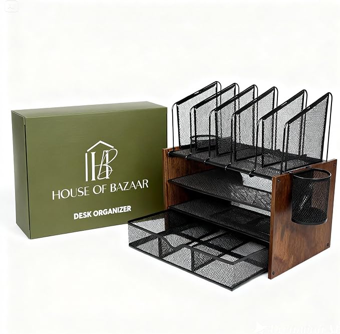 4-Tier Wood & Metal Desk Organizer – Vertical File Tray, Pen Holder & Drawer | - Image 11