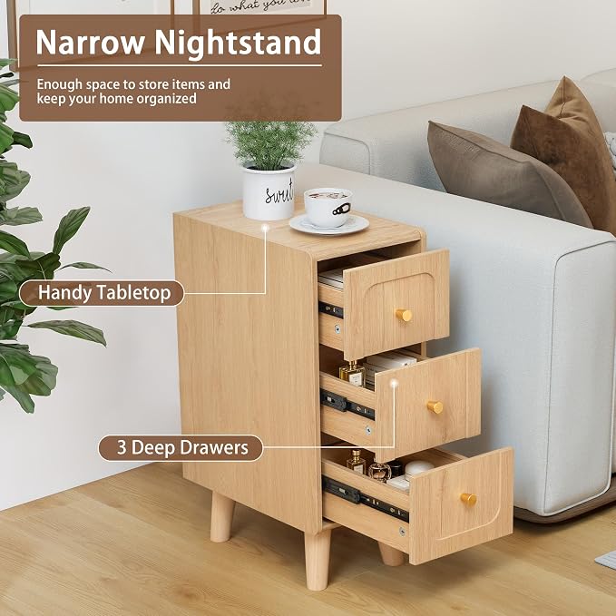 Narrow Nightstands with 3 Drawers, Wooden Farmhouse Bedside Tables, Slim End - Image 4