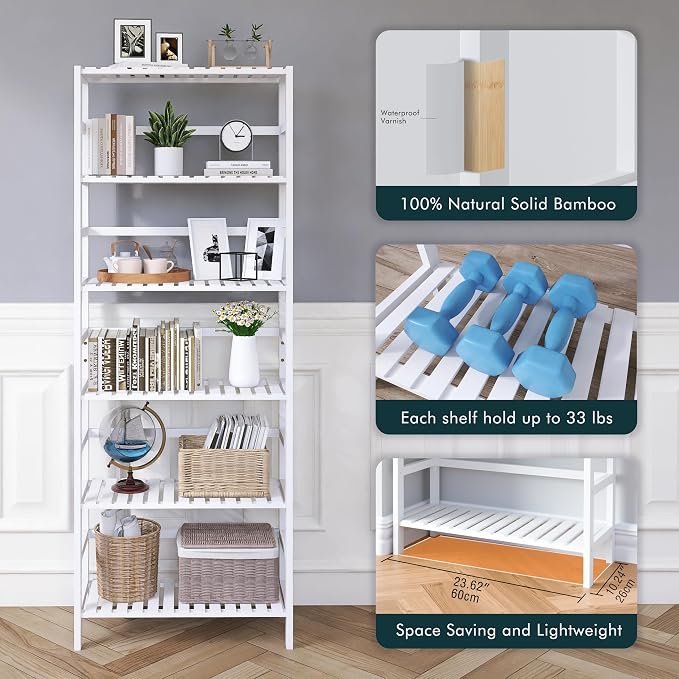 HITNET Bookshelf, 6-Tier Tall Bookcase Freestanding Bamboo Book Shelf Bathroom - Image 8