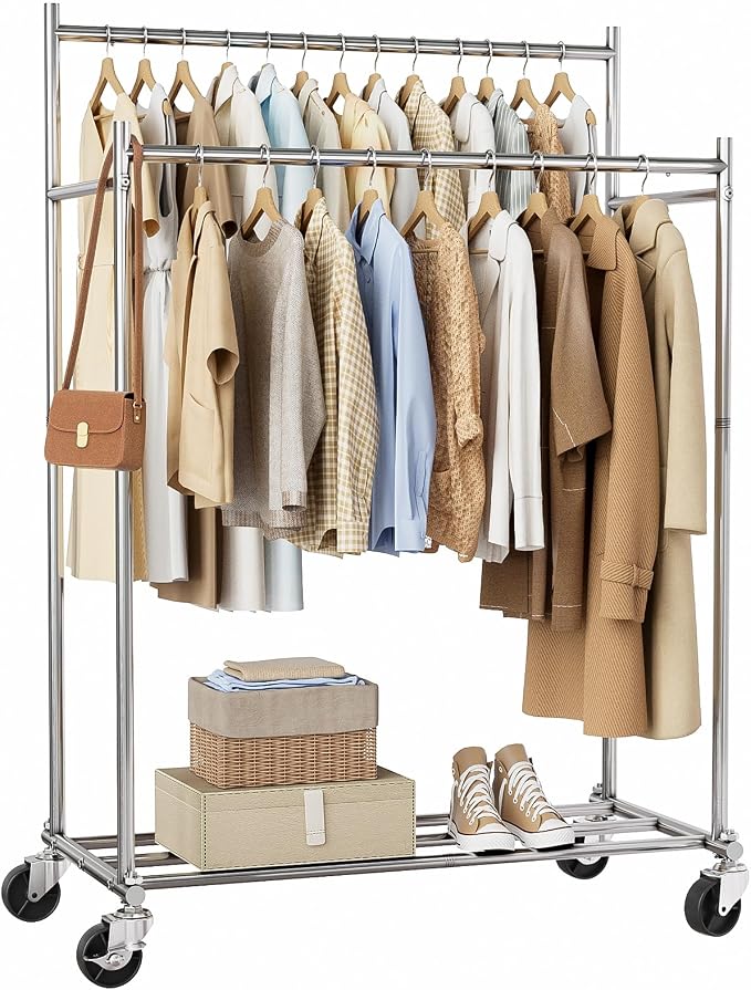 HYSEYY Clothes Rack, Double Rods Rolling Clothing Rack by HYSEYY