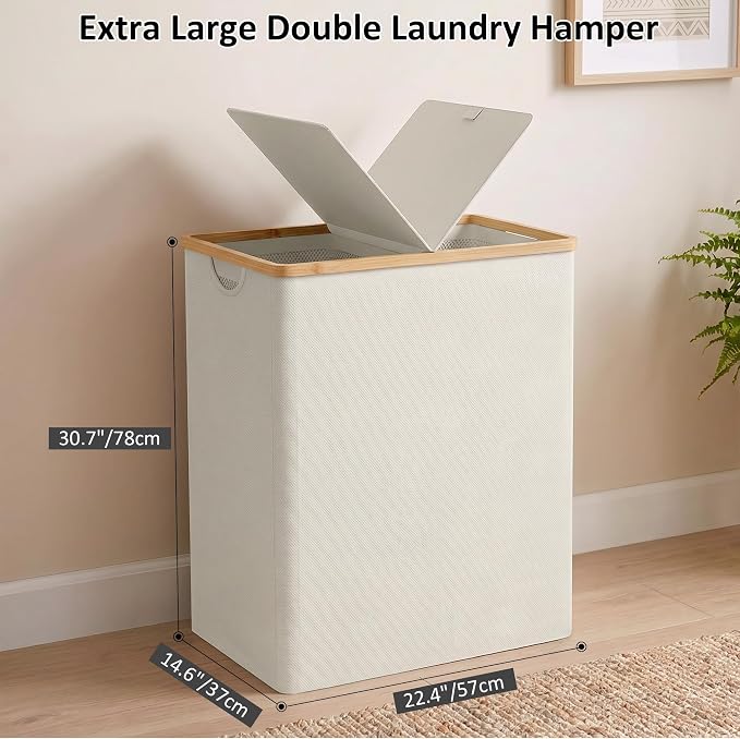 efluky Laundry Hamper with Lid, Double Laundry Basket with 2 Removable Bags - Image 4