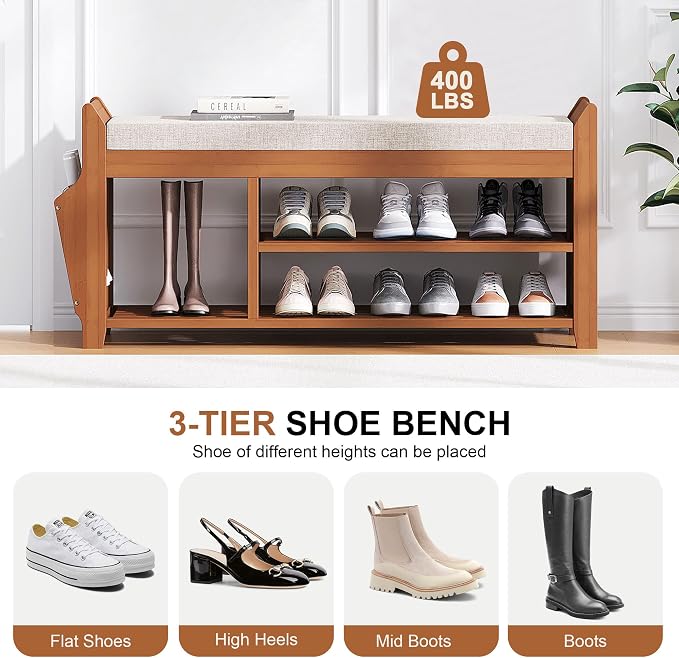 PETKABOO 39.4" Shoe Bench with Coat Rack Hidden Drawer and Side Holder - Image 5