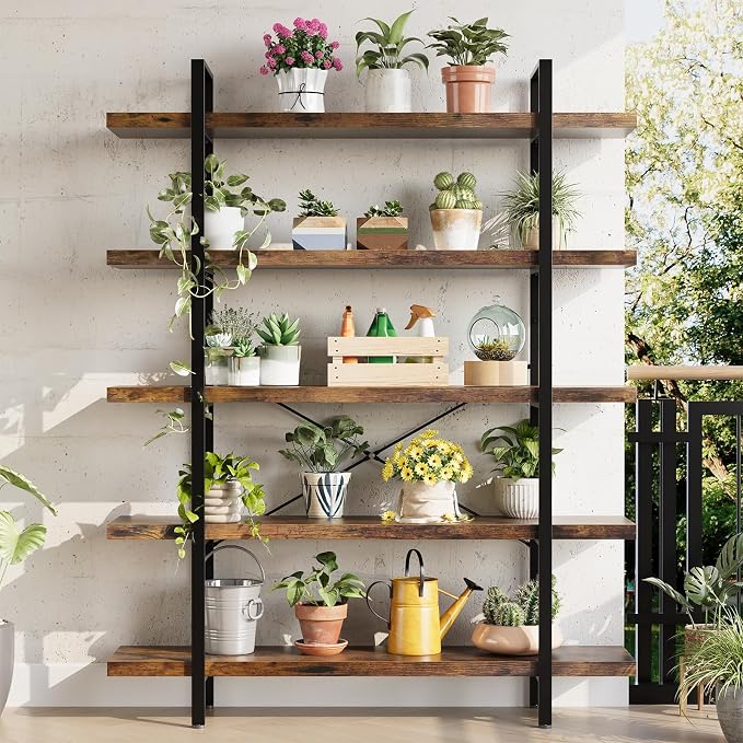 Heavy Duty 5-Tier Industrial Bookcase, 120lbs Shelf Capacity, Rustic Open - Image 6