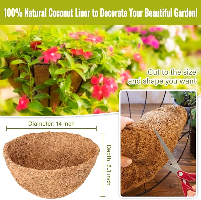 6 Pack 14 Inch Hanging Basket Coco Liners Replacement, 100% Natural Round - Image 2