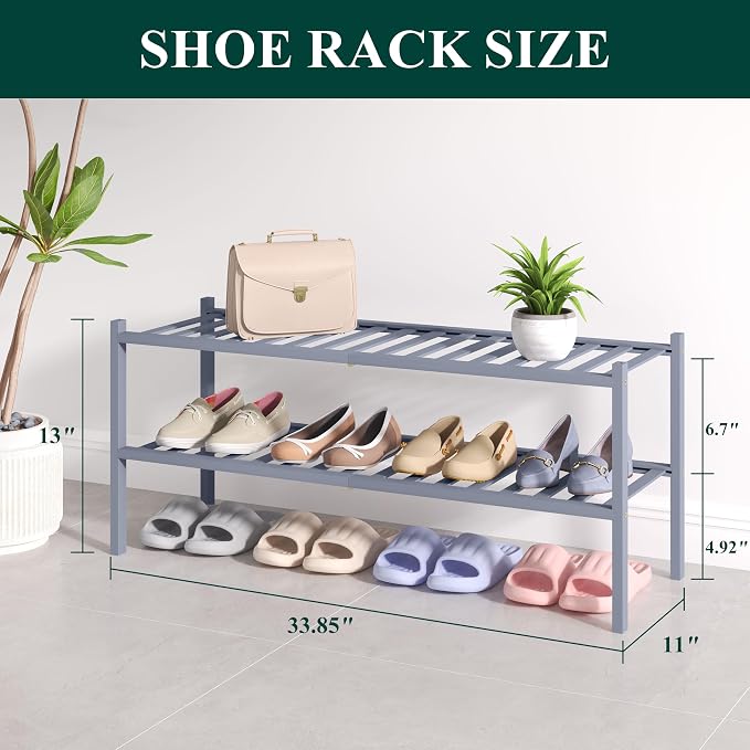 Smiry Bamboo Shoe Rack for Closet, 2 Tier Long Wooden Stackable Shoe Organizer - Image 2