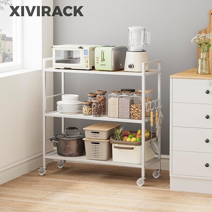 3-Tier Metal Storage Rack with Industrial Wheels, Mesh Shelving Unit with - Image 2