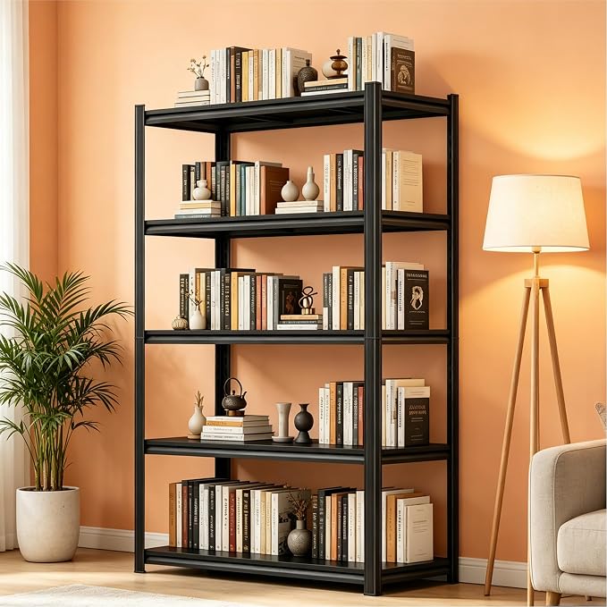 5 Tier Metal Bookshelf, 2 in 1 Adjustable Tall Bookcase, 1500LBS Heavy Duty by BezunyHeavyDutyShelving
