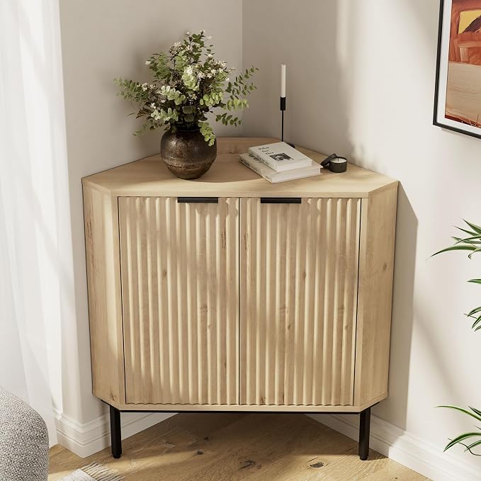 Modern Corner Cabinet, Fluted Wood Floor Storage Cabinet by MoomJiee