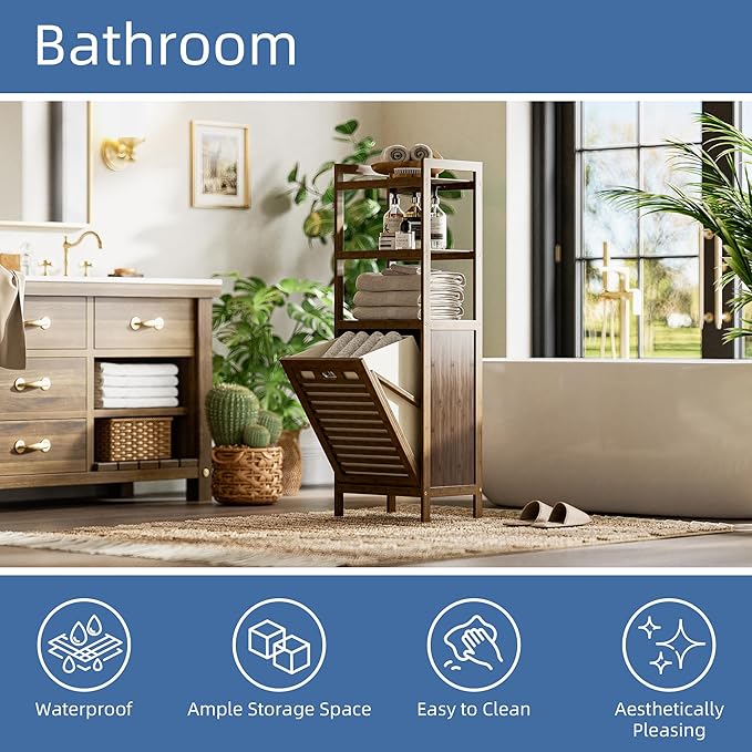 HITNET Bamboo Tilt Out Laundry Hamper, Bathroom Storage Cabinet - Image 4