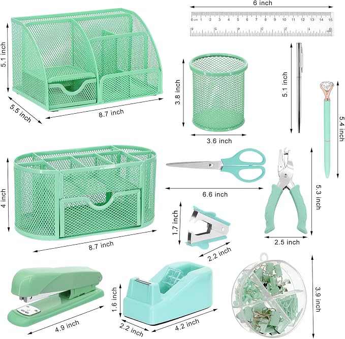 17 in 1 Green Desk Organizers and Accessories Set, 3 Office Desk Supplies - Image 2