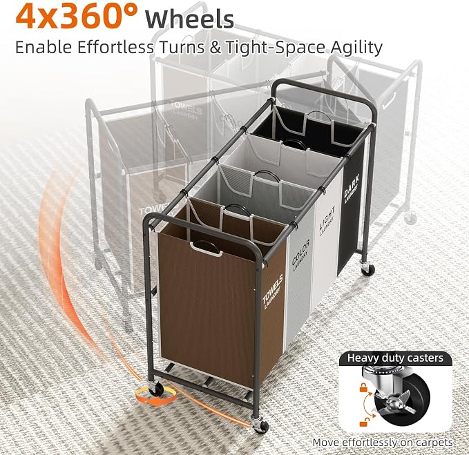 ROMOON Laundry Hamper Sorter Cart: 4-Section Organizer - Image 7