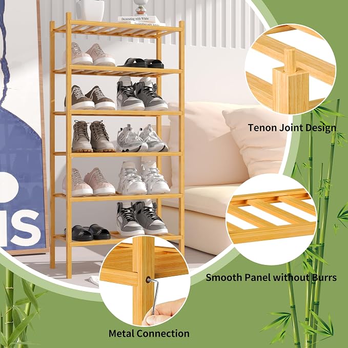 6-Tier Bamboo Small Shoe Rack, Free Standing Wood Shoe Shelf Storage Organizer - Image 5
