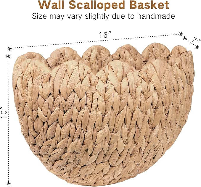 iEGrow Wicker Wall Basket, Scalloped Wall Basket Natural Water Hyacinth - Image 3