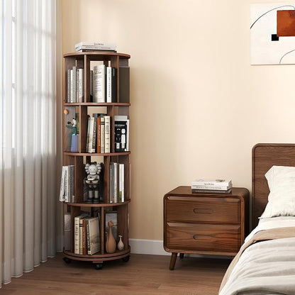 4-Tier Rotating Bookshelf on Wheels, 360° Spinning Bookshelf Tower, Round - Image 9