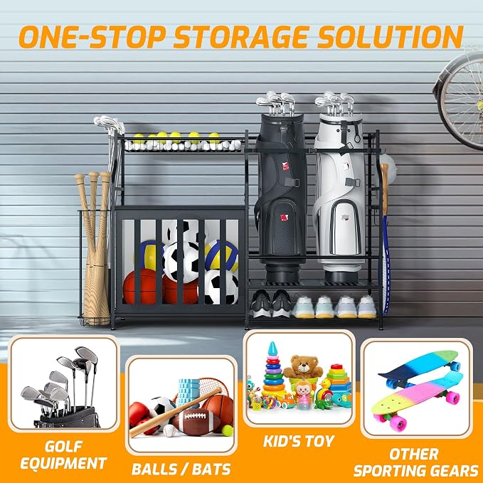 PLKOW Sports Equipment Organizer Rack, Garage Ball Rack, 2 Golf Bag Storage and - Image 4