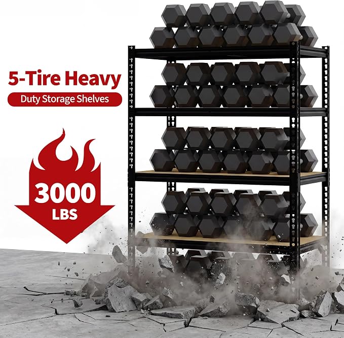 Heavy Duty Garage Storage Shelves, 3000 Lbs Capacity, 5-Tier Adjustable Storage - Image 4