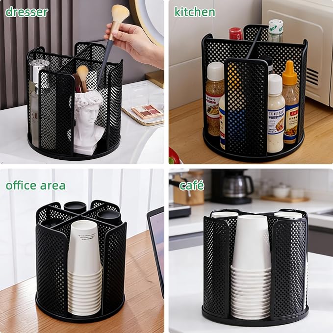 360° Rotating Coffee Cup & Lid Carousel, 8.7" H x 9.3" Dia 4-Compartment Metal - Image 5