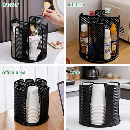 360° Rotating Coffee Cup & Lid Carousel, 8.7" H x 9.3" Dia 4-Compartment Metal - Image 5