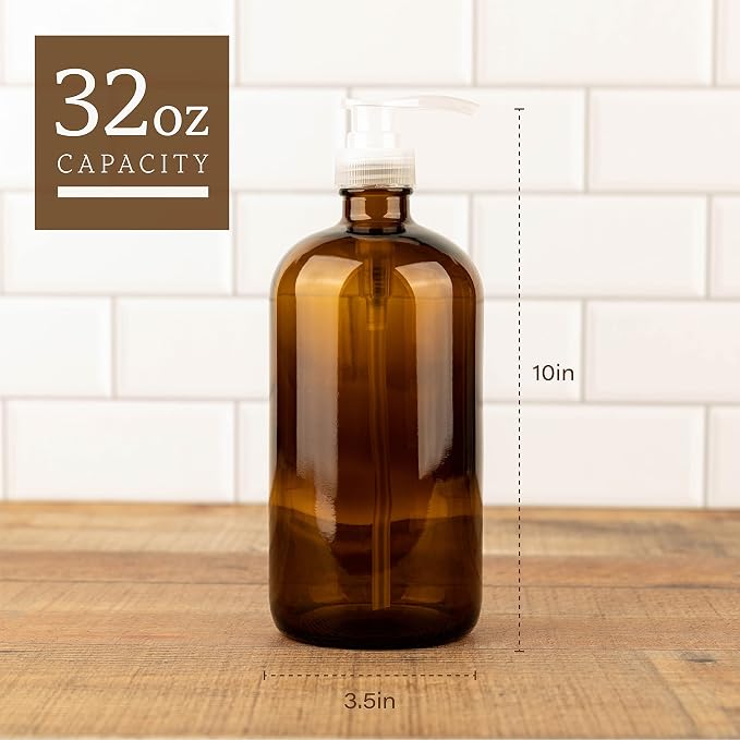32 Ounce Large Amber Glass Boston Round Bottles w/Natural Color Pumps. Great - Image 2