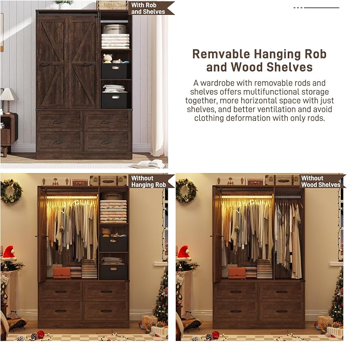 Farmhouse 3 Doors Armoire Wardrobe Closet w/Folding Sliding Barn Door and Lights - Image 6