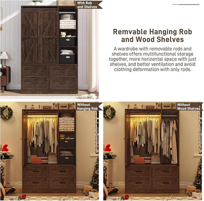 Farmhouse 3 Doors Armoire Wardrobe Closet w/Folding Sliding Barn Door and Lights - Image 6