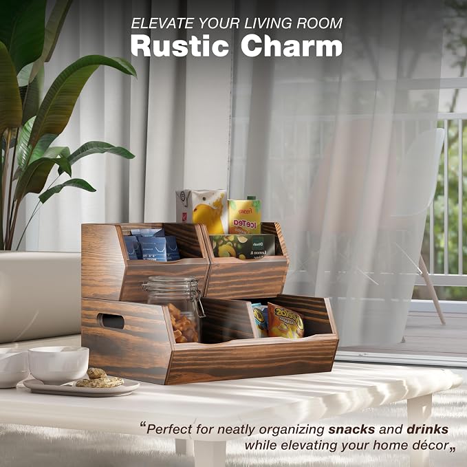 Acacia Wood Pantry Storage Bins – Stackable Open Front Kitchen Baskets - Image 8