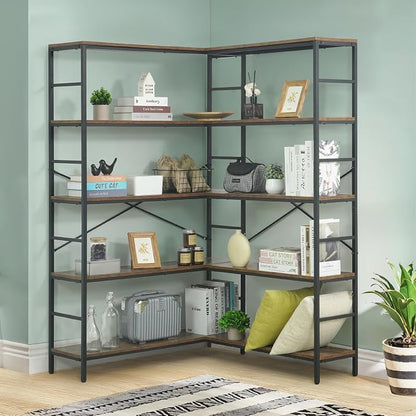 CAPHAUS L-Shaped Bookshelf, 5 Tier Industrial Corner Bookcase, Tall Corner Shelf by CAPHAUS
