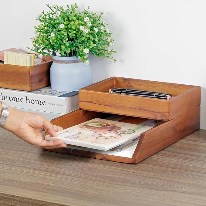 DEMIGO Desk Organizer Letter Tray Set of 2, Natural Acacia Wood Paper Tray | - Image 8