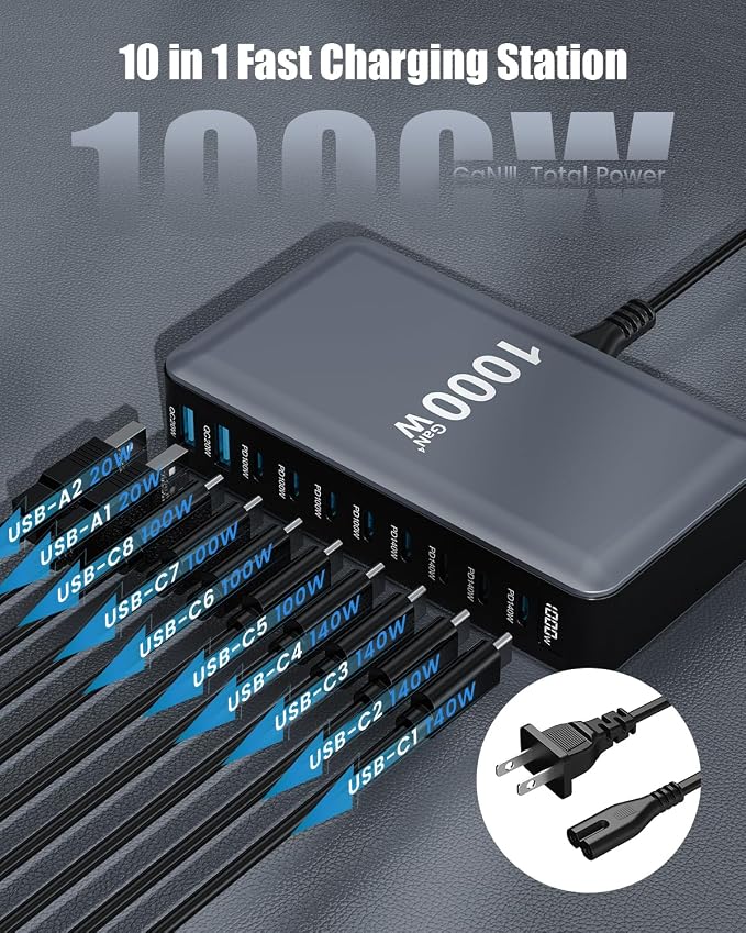 USB C Charger 1000W USB C Charger Block, Upgraded GaN IV 10-Port Charging - Image 5