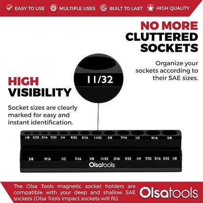 Olsa Tools Magnetic Socket Organizer | 1/4-Inch Drive | SAE | Black | Holds 26 - Image 2
