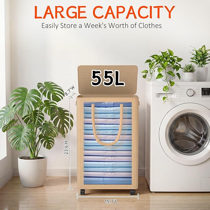 Slim Laundry Hamper with Wheels, 15 Gal Rolling Laundry Basket with lid and - Image 2
