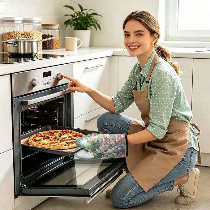 Heat Resistant Oven Mitts, Spring Garden Flowers Scene Kitchen Gloves - Image 2