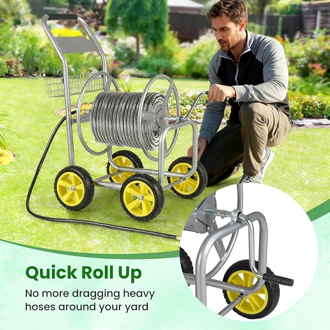Goplus Garden Hose Reel Cart, 300 ft 5/8" or 400 ft 1/2", Heavy-Duty Metal Hose - Image 4