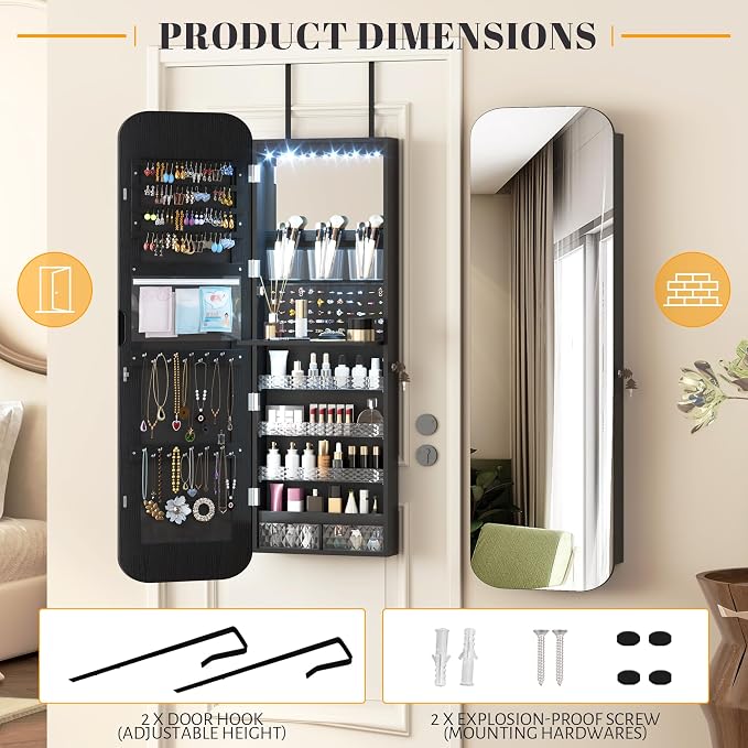 Vlsrka 47.2" LED Mirror Jewelry Cabinet, Wall/Door Mounted Full Length Mirror - Image 3
