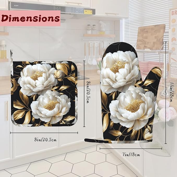 White Flowers Oven Mitts and Pot Holders, Glitter Blooming Heat Resistant - Image 2