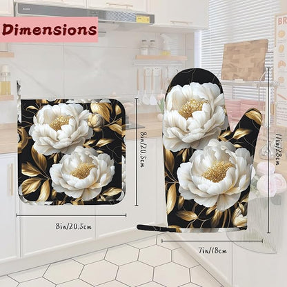 White Flowers Oven Mitts and Pot Holders, Glitter Blooming Heat Resistant - Image 2