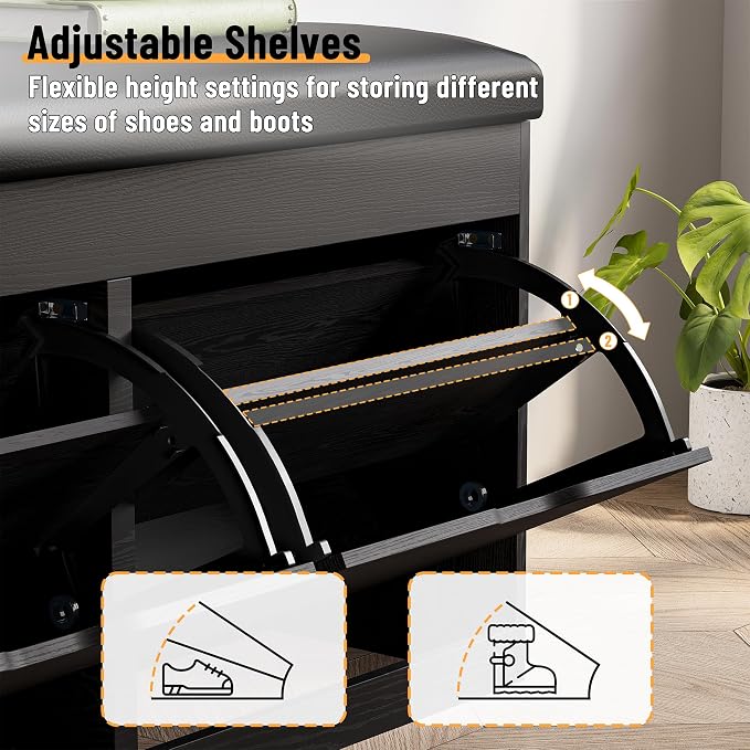 40" Shoe Storage Bench with Flip Drawers Padded Seat Cushion, Shoe Cabinet with - Image 5