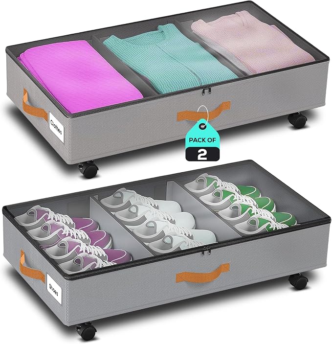 Under Bed Storage with Wheels, 2 Pack| Low Profile Storage Organizer with Clear by Unknown