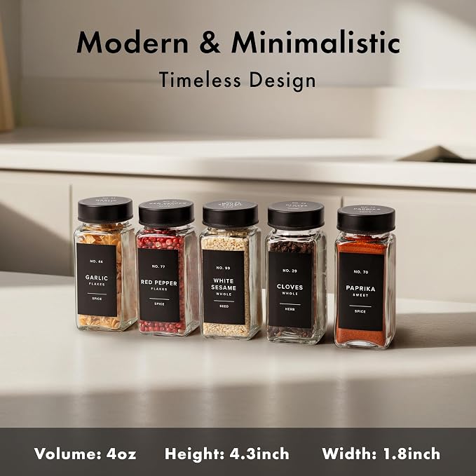 EDELHAUS Glass Spice Jars with Label, Seasoning Set, 36x Black Steel Lids | - Image 2